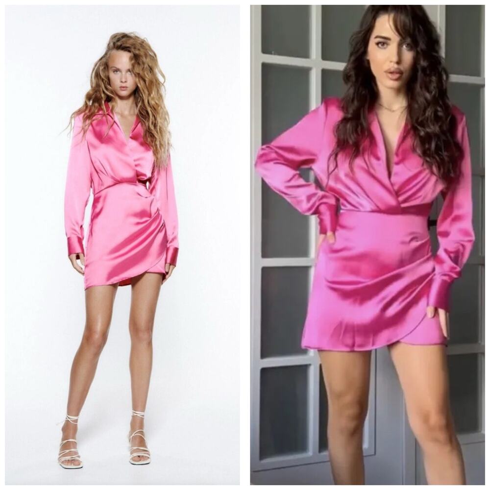 ZARA Pink Satin Effect Mini Dress Size Small Long Sleeve Barbie Ruched Cocktail